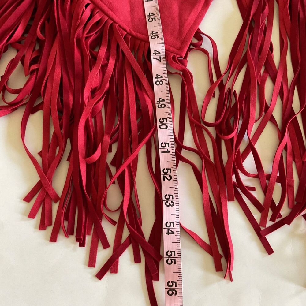 Oyrosy Western Style Embroidered Red Fringed Faux Suede Midi Dress L Festival - Picture 12 of 14